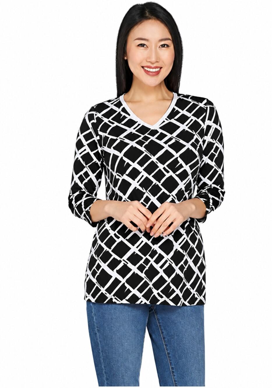 Susan Graver Liquid Knit V-Neck Tunic, Black and White, Size L